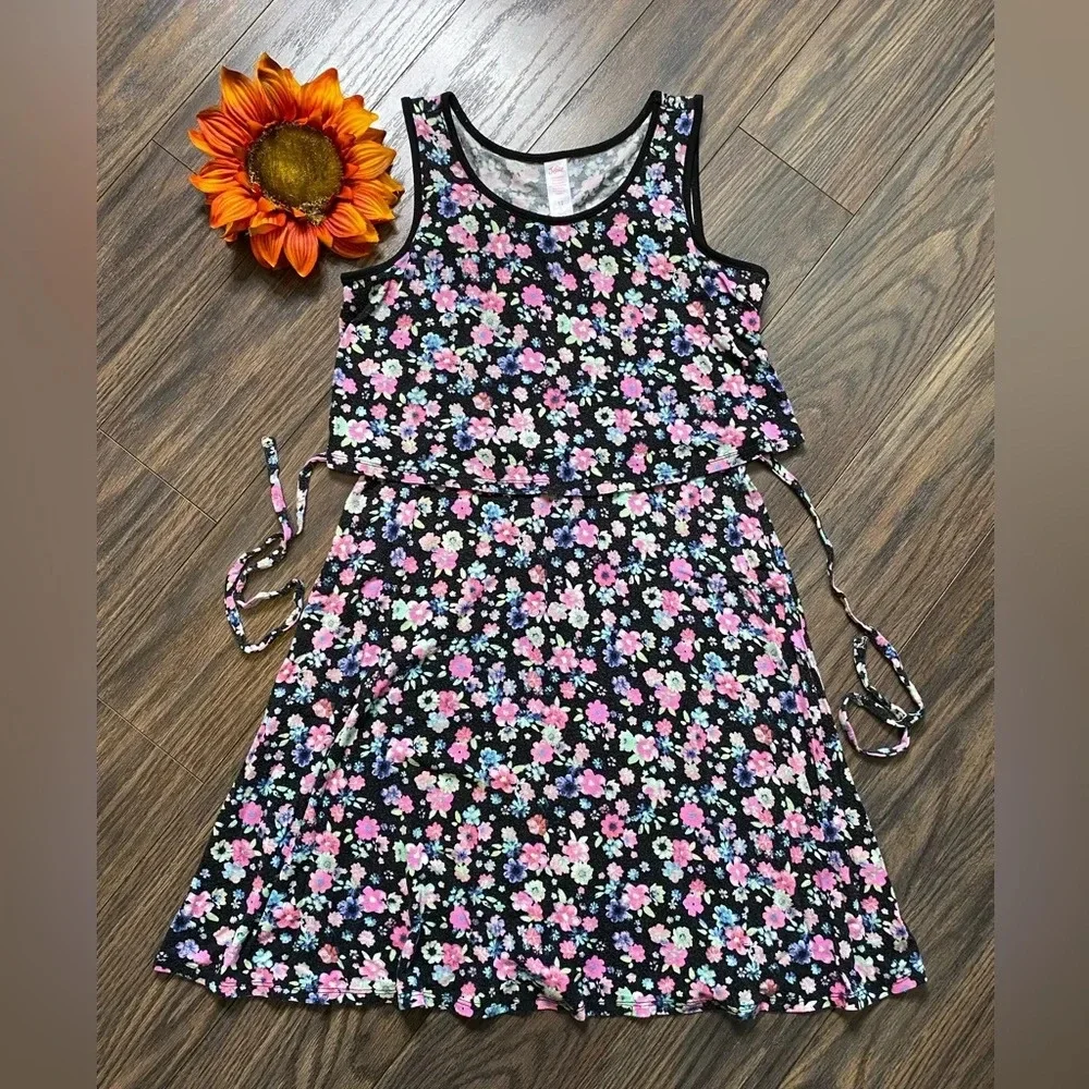 🌻5/$25🌻JUSTICE Black Flowered Dress with Back Tie | 12 |